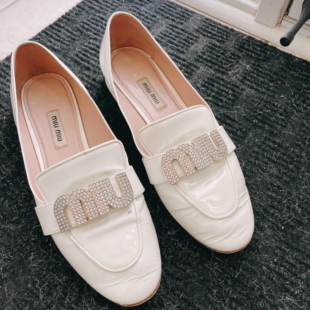 Miu Miu White Flats with Crystal Detail